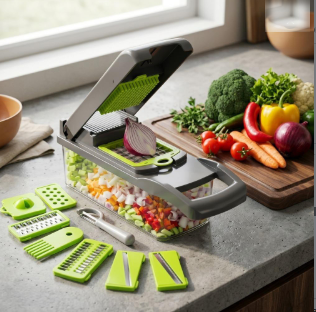 16-in-1 Vegetable Chopper with 8 Blades – Multi-Function Slicer, Dicer, Shredder & Container with Strainer